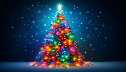 Brightly decorated christmas tree with rainbow lights on midnight blue background