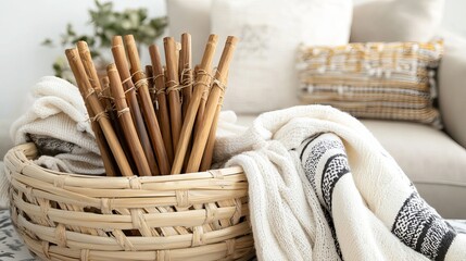 A cozy arrangement of woven textiles and bamboo sticks in a rustic basket, perfect for home decor.