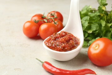 Delicious salsa sauce and products on light textured table, closeup