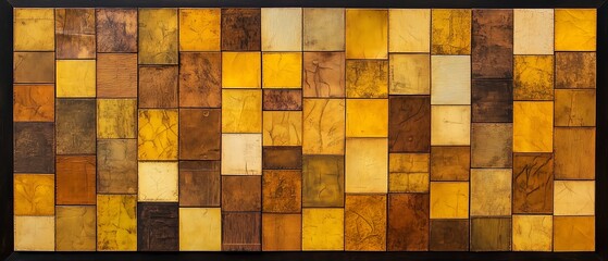 Large yellow and brown tile wall with a black frame. The tiles are of different sizes and colors, creating a visually interesting and dynamic pattern. The wall appears to be made of wood