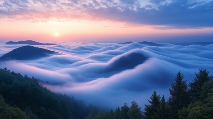 Obraz premium The sky is a beautiful mix of blue and orange hues, with the sun setting behind the mountains. The clouds are thick and billowy, creating a sense of mystery and wonder. The scene is serene