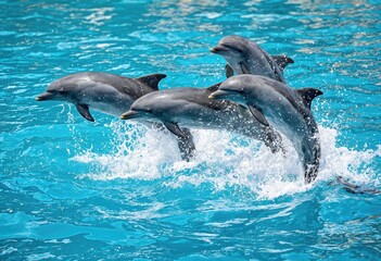 Fototapeta premium Group of dolphins jumping out of the water in the ocean. Natural wildlife photography. Marine life and ocean wildlife concept.
