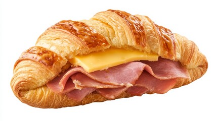 A classic ham and cheese croissant sandwich with thinly sliced ham, Swiss cheese, and Dijon mustard