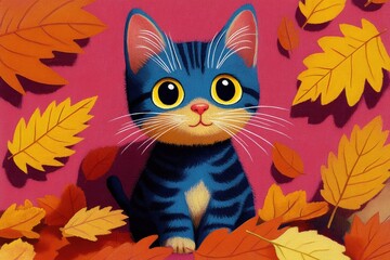 Bright, fluffy kitten with striking blue fur sits surrounded by vibrant orange and yellow leaves, delighting in the playful spirit of autumn on a lively backdrop