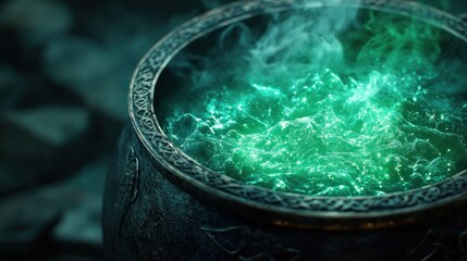 A Steaming Cauldron Filled with a Glowing Green Potion