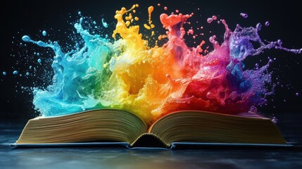 Open book bursting with vibrant paint splash in rainbow colors, symbolizing creativity, imagination, art, knowledge, education, expression, energy, inspiration, and artistic explosion