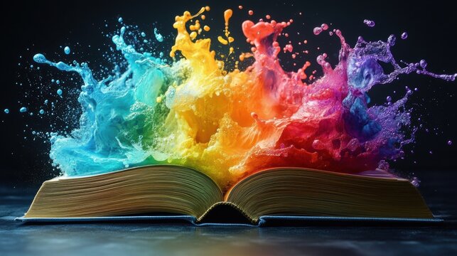 Open book bursting with vibrant paint splash in rainbow colors, symbolizing creativity, imagination, art, knowledge, education, expression, energy, inspiration, and artistic explosion