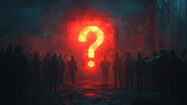 Dark city street with red glowing question mark, mysterious crowd gathering, eerie atmosphere, dystopian urban setting, suspense, glowing light, dramatic silhouette