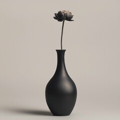 Elegant black vase with a single lotus flower, creating a minimalist aesthetic on a muted background. Perfect for home decor and design concepts.