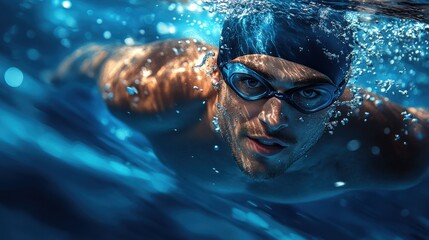 Fototapeta premium Focused swimmer underwater wearing goggles, professional athletic training, swimming action shot, competitive sport, fitness and strength, clear blue water motion photography