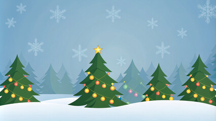 Fototapeta premium Festive Christmas vector design with decorated pine trees, snowflakes, and golden ornaments, in a modern flat illustration style, perfect for greeting cards and web banners