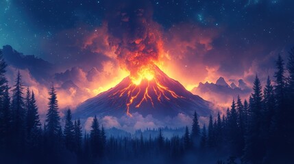 Erupting volcano with fiery lava flow under a starry sky, dramatic mountain landscape, glowing eruption, natural disaster, stunning nature, volcanic explosion, nighttime scenery