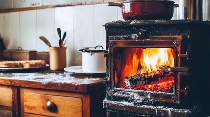 A warm and inviting kitchen featuring a vintage wood stove with a pot and glowing flames.