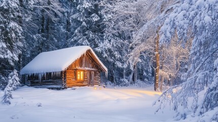 A cozy cabin in a snowy forest, illuminated warmly amidst a winter landscape.