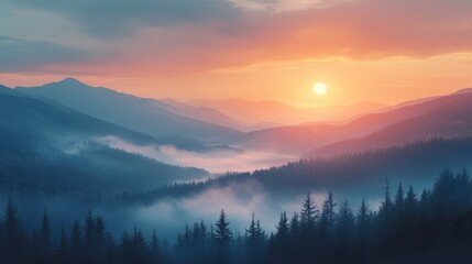 Colorful sunset above clouds over mountain peaks, glowing sky, scenic view, serene atmosphere, tranquil nature, peaceful moment, breathtaking beauty, golden light, heavenly landscape