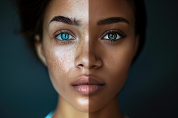Tolerance, inclusivity, representation, empowerment, and the beauty of diversity concept. Woman looking into the camera, with half of her face blending into that of a black woman