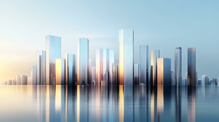 Fototapeta premium Modern City, financial Downtown, business centre with skyscrapers and office buildings at sunset and reflection in water 