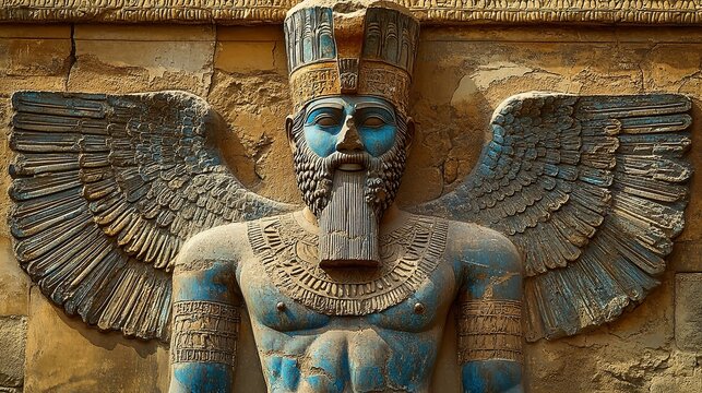 Stone made sculpture of. ancient Mesopotamian  God with wings, Babylonian period 