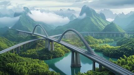 Fototapeta premium Futuristic bridges in mountains, inspired bu Chinese industrial architecture 