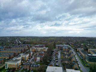 Aerial View of Central City Centre Elstree Uxbridge London City of England, Great Britain. It Was Rainy and Cloudy Day with Strong Winds over England, UK. April 4th, 2024