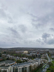 Aerial View of Central City Centre Elstree Uxbridge London City of England, Great Britain. It Was Rainy and Cloudy Day with Strong Winds over England, UK. April 4th, 2024