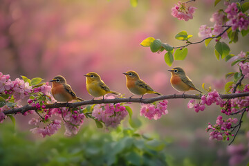 Delightful birds resting on vibrant flowering branches in a serene natural setting, ideal for spring, wildlife, and decorative design themes
