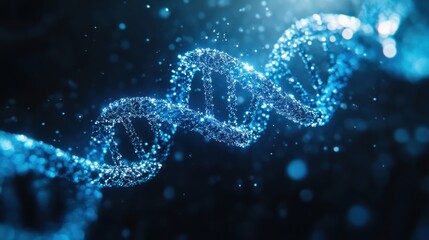 Futuristic glowing blue DNA strand made of particles, dark background, science and biotechnology concept, genetic innovation, molecular structure, high-tech digital visualization