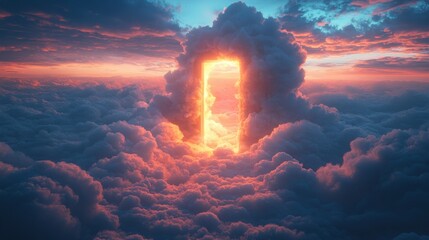Glowing fiery doorway in dramatic stormy clouds, surreal gateway to another world, mystical light portal, fantasy dreamscape concept, cosmic and atmospheric glowing scene