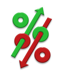 The up and down nature of interest rates is the subject of this 3-d illustration with percentage rate symbols indicating either up or down movement.