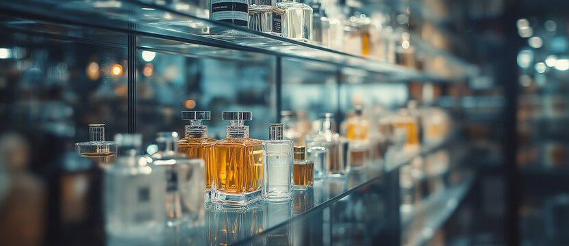 Shoppers in the cosmetics and household chemicals store A blurred view of a large perfume shop featuring perfumes and cosmetics Customers in the perfume shop are examining