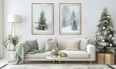 Celebrate the New Year in style with a beautifully decorated living room featuring a set of two elegant picture frames and a charming Christmas tree