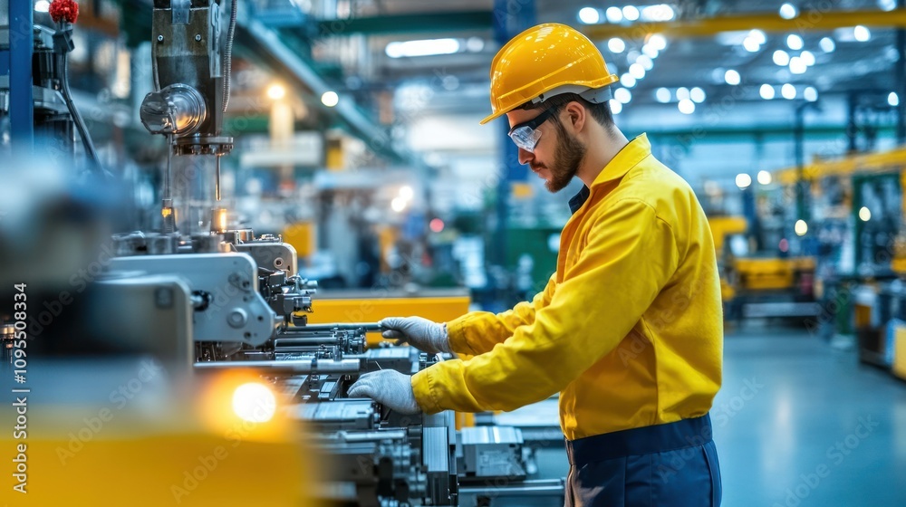 Poster industrial worker operating machinery in a factory setting