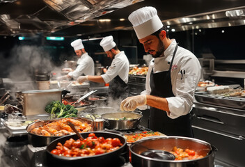 Chefs preparing food in the kitchen of a luxury restaurant. Food preparation in a hotel kitchen.