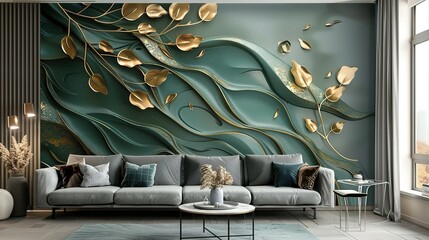 Elegant Green And Gold Floral Wall Mural Design