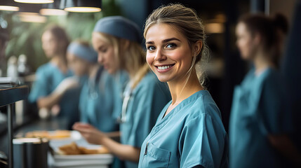 Portrait of good looking female doctor in blue rob staying in clinic corridor