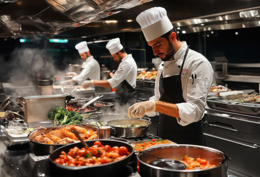 Chefs preparing food in the kitchen of a luxury restaurant. Food preparation in a hotel kitchen.