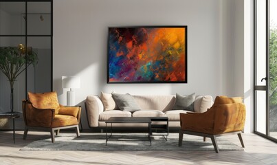 In a beautifully designed living room, a colorful picture frame adorns the wall, enriching the space's ambiance. Cozy couches and chic accents create a welcoming atmosphere