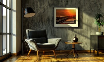 This inviting living room features a contemporary picture frame showcasing sunset hues on the wall