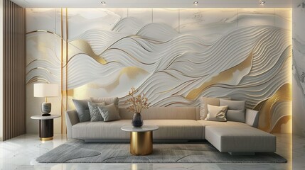 Modern Living Room with Gold Accented Wave Wall Decor