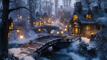 Obraz premium A serene winter village scene with snow-covered cottages and glowing lanterns by a river.