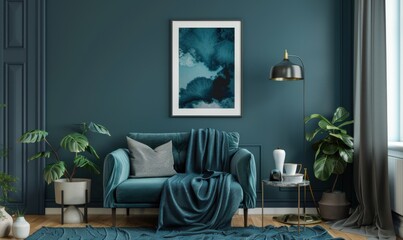 A beautifully styled living room features a teal picture frame adorned with abstract art. The cozy sofa, complemented by textures and plants, creates a welcoming atmosphere