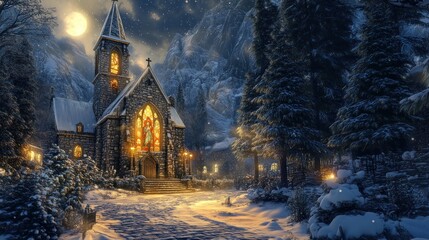 A serene winter scene featuring a stone church illuminated by stained glass under a moonlit sky.