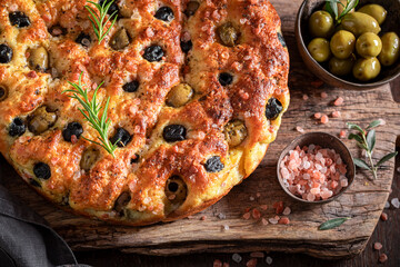 Homemade focaccia with olives and green herbs.