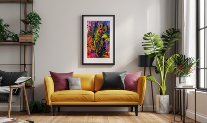 Bright colors from the artwork attract attention in a warm living room featuring a cheerful yellow sofa and elegant plants. The modern decor invites comfort and creativity in the space