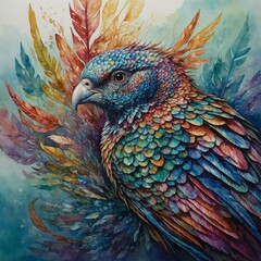 An extravagant quantum quillback, resplendent with shimmering metallic scales in an array of iridescent hues, each feather delicately detailed with intricate patterns that seem to shift and change