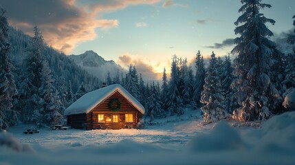 Fototapeta premium A cozy cabin surrounded by a snow-covered forest during sunset with cloudy skies