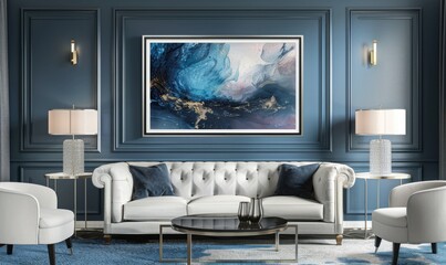 This sophisticated living room features a beautifully arranged set with a striking picture frame