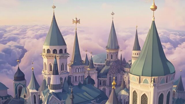 A castle is shown in the sky with clouds. The castle is very tall and has a lot of detail