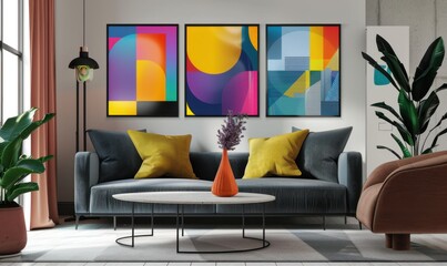 A contemporary living room showcases a chic sofa adorned with yellow cushions, complemented by a bold trio of colorful picture frames on the wall. Lush plants add a refreshing touch