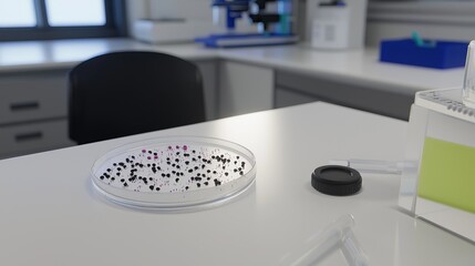 A close-up of a petri dish filled with colorful bacterial colonies in a bright laboratory.
